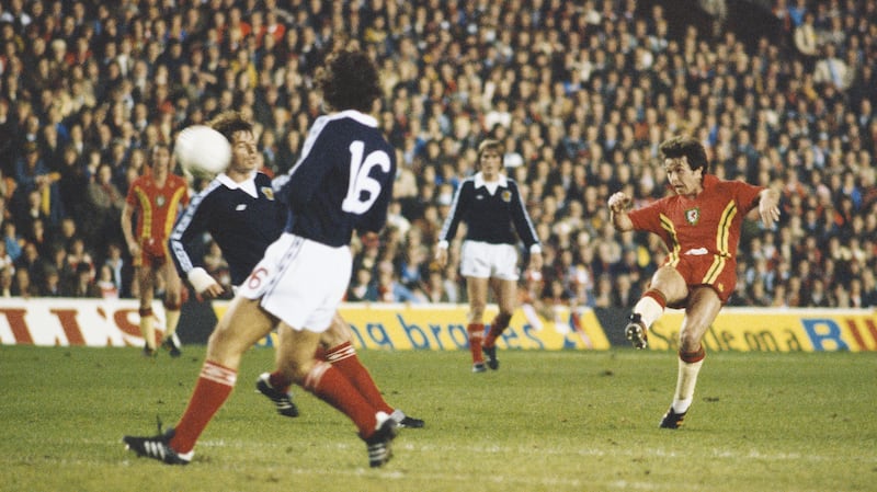Brian Flynn of Wales gets in a shot at goal during the 1978 World Cup play-off match between Wales and Scotland at Anfield in Liverpool. Scotland won the match 2-0, booking their spot at the World Cup in Argentina, with Wales missing out. 