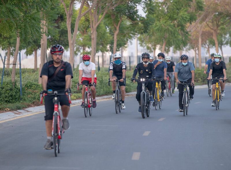 Sheikh Mohammed bin Rashid, Vice President and Ruler of Dubai, and family cycle around Dubai on Thursday. Courtesy: Dubai Media Office