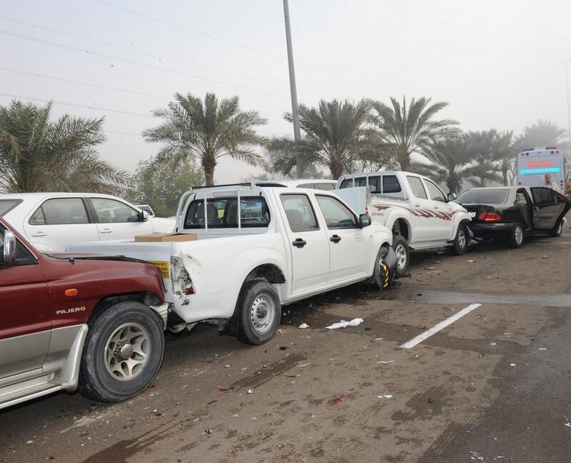 At least 14 people were injured in a 57-vehicle pile-up on the Al Ain and Abu Dhabi because of heavy fog. Courtesy Security Media