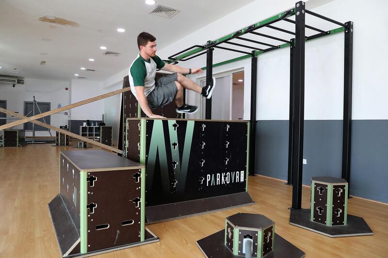 DUBAI, UNITED ARAB EMIRATES , November 4 – 2020 :- Harry Murden, British Spiderman giving demonstration how to parkour at the Parkour DXB in Al Quoz in Dubai. (Pawan Singh / The National) For POAN. Story Sarwat 