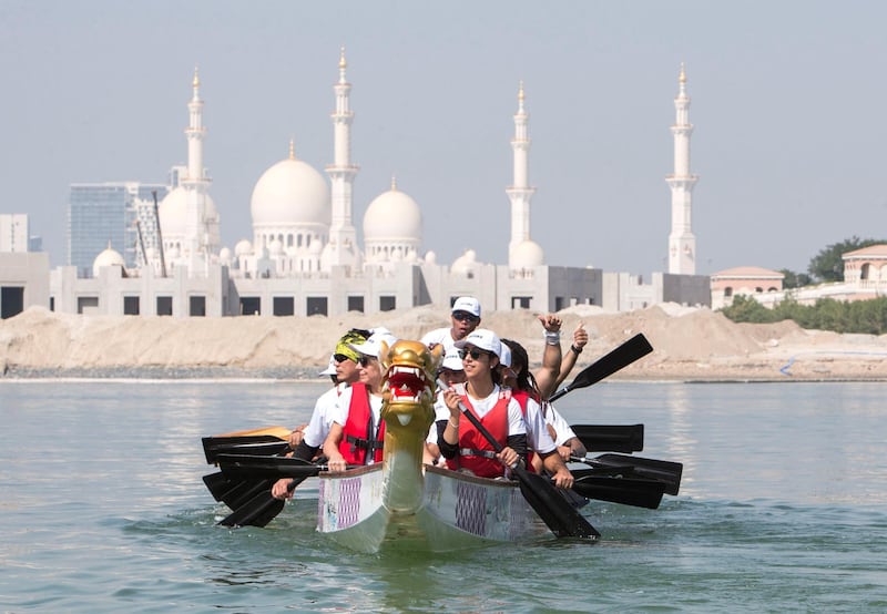 Abu Dhabi, United Arab Emirates - One of the team racing at the Dragon Boat Festival Abu Dhabi.  Leslie Pableo for The National