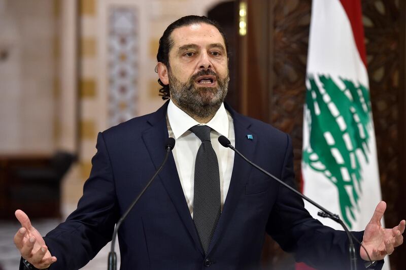 epa08514928 (FILE) - Former Lebanese Prime Minister Saad Hariri (in office between 2009-11 and 2016-20) speaks during a press conference held at the government palace in downtown Beirut, Lebanon, 18 October 2019 (reissued 28 June 2020). Saudi TV broadcaster Al-Hadath reported on 28 June that a missile had exploded some 500 meters (1,640 feet) away from Hariri's convoy as it was returning to Beirut following his trip to the restive Bekaa Valley on 17 June 2020.  EPA/WAEL HAMZEH