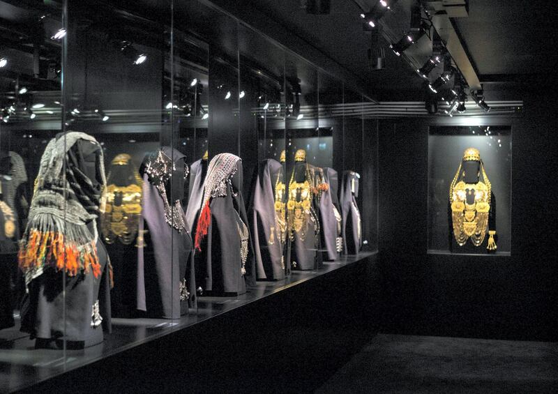 DUBAI, UNITED ARAB EMIRATES -A jewelry ensemble, headpiece, necklace, bangles and waist belt on display at the Hidden Treasures, a look at early 20th century Saudi Arabia jewelry,  show how diverse the different regions fashion was. Leslie Pableo for The National