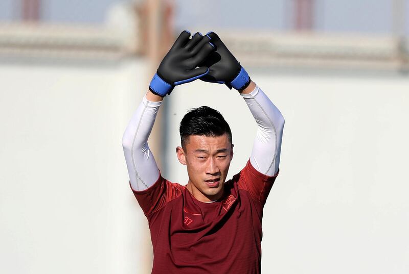 Abu Dhabi, United Arab Emirates - January 03, 2019: Zhang Lu of China trains before the start of the Asian Cup 2019. Thursday, January 3rd, 2019 in Al Wahda Academy, Abu Dhabi. Chris Whiteoak/The National