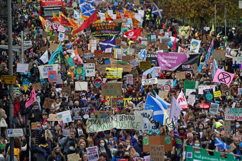 Demonstrators gather for the Fridays for Future march through Glasgow during the Cop26 summit. PA