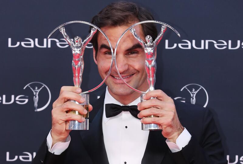 MONACO - FEBRUARY 27:  Tennis player Roger Federer holds his awards for Laureus World Comeback of the Year 2018 and Laureus World Sportsman of the Year 2018 during the Laureus World Sports Awards 2018 at Salle des Etoiles, Sporting Monte-Carlo on February 27, 2018 in Monaco, Monaco.  (Photo by Boris Streubel/Getty Images for Laureus)