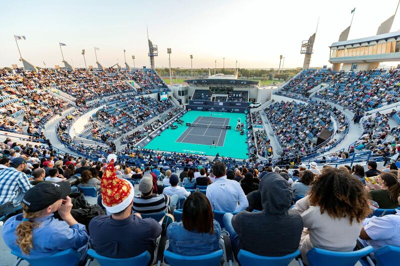 Abu Dhabi, United Arab Emirates - Reporter: Jon Turner: Novak Djokovic hits a shot during the semi final between Novak Djokovic v Stefanos Tsitsipas at the Mubadala World Tennis Championship. Friday, December 20th, 2019. Zayed Sports City, Abu Dhabi. Chris Whiteoak / The National