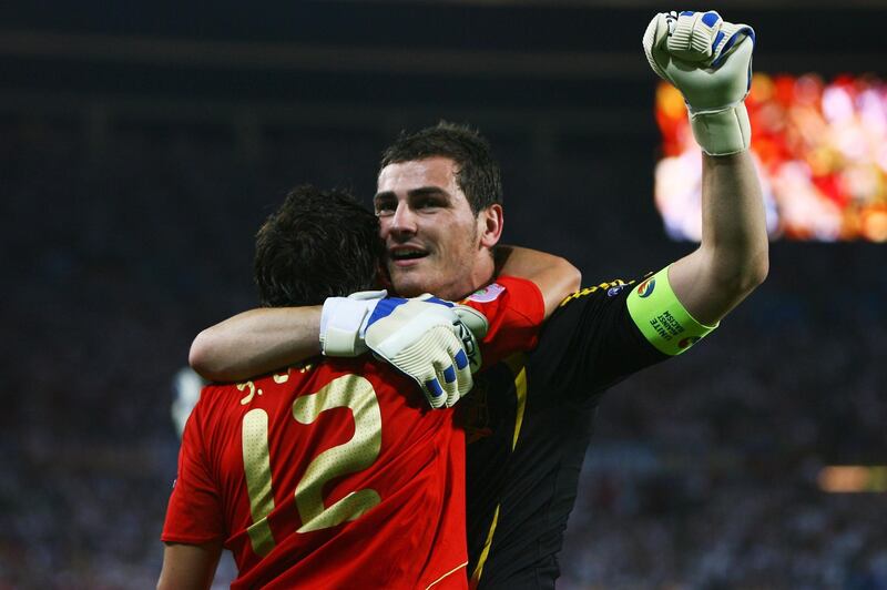 VIENNA, AUSTRIA - JUNE 29:  Spanish goalkeeper Ilker Casillas (R) celebrates with teammate Santi Cazorla Ilker Casillas during the UEFA EURO 2008 Final match between Germany and Spain at Ernst Happel Stadion on June 29, 2008 in Vienna, Austria.  (Photo by Shaun Botterill/Getty Images)