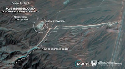 This Monday, Oct. 26, 2020, satellite image from Planet Labs Inc. that has been annotated by experts at the James Martin Center for Nonproliferation Studies at Middlebury Institute of International Studies shows construction at Iran's Natanz uranium-enrichment facility that experts believe may be a new, underground centrifuge assembly plant. Satellite photos show Iran has begun construction at its Natanz nuclear facility. That's after the head of the U.N.â€™s nuclear agency acknowledged Tehran is building an underground advanced centrifuge assembly plant after its last one exploded in a reported sabotage attack last summer. (Planet Labs Inc. via AP)