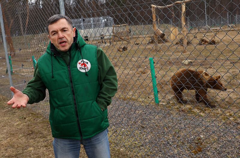 Bear sanctuary director Ihor Nykolun explains the rescue mission of bears Aska and Popeye from Kyiv Zoo, during an interview at a sanctuary near Lviv, Ukraine. Reuters