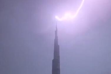 The Burj Khalifa is struck by lightning. Courtesy Twitter