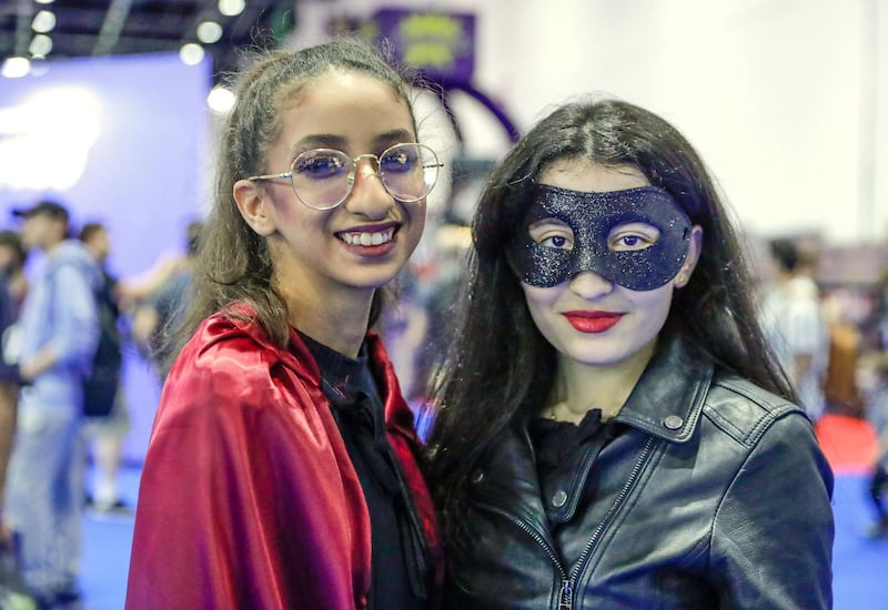 Dubai, April 12,2019.   MEFCC day 2-(L-R) The Devil- Shamsa Hohammed and Black Canary- Maria al FaouriVictor Besa/The National.Section:  AcReporter:  Chris Newbould