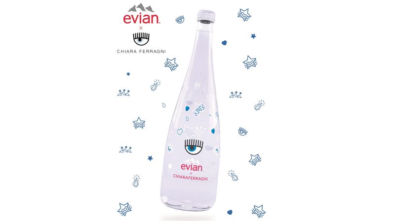 The limited-edition Evian bottle sports Chiara Ferragni's signature “Flirting” eyelash motif. Courtesy Evian