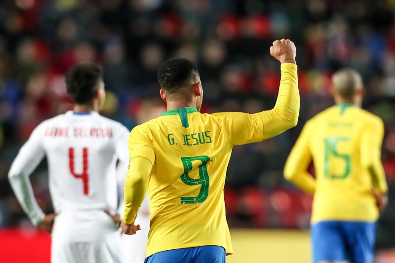 Gabriel Jesus of Brazil celebrates his second goal in their 3-1 win over the Czech Republic. EPA