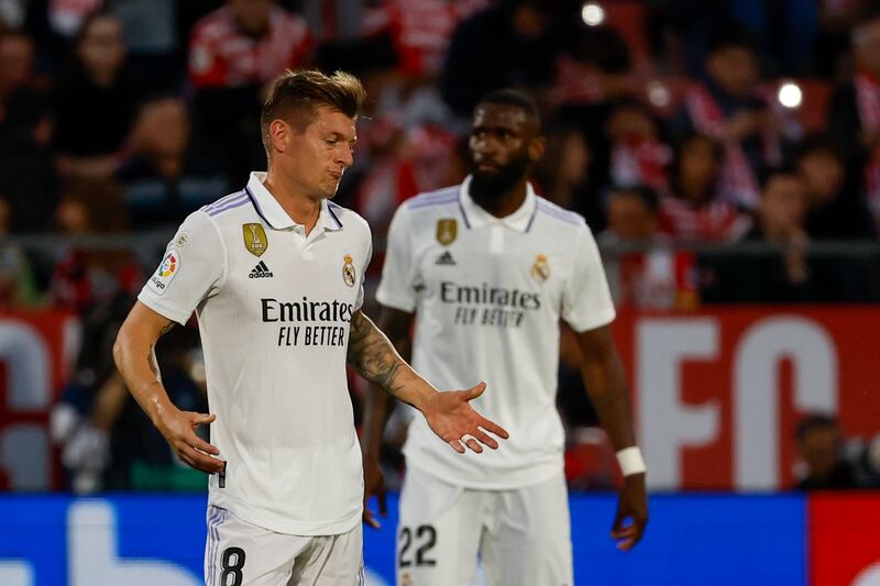 Real Madrid's Toni Kroos, front, reacts after Girona's Taty Castellanos scores the opening goal. AP Photo