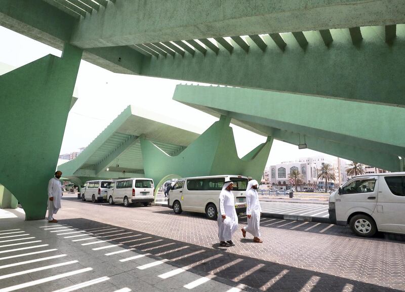 Abu Dhabi, U.A.E., July 11, 2018.  Stock photos of transportation - public buses, bus waiting sheds, taxis, passengers, bus ticket machines, mawaqif.  AUH Bus Terminal shuttle service terminal to Dubai and Sharjah.
Victor Besa / The National
Section: NA
Reporter: