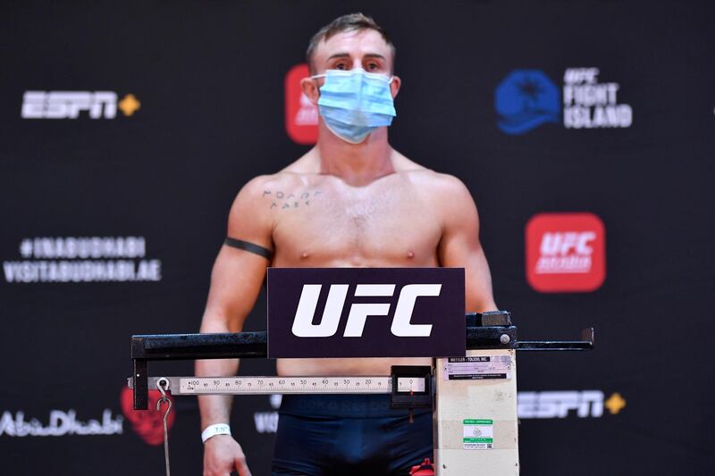 ABU DHABI, UNITED ARAB EMIRATES - JULY 14: Cody Stamann poses on the scale during the UFC Fight Night weigh-in inside Flash Forum on UFC Fight Island on July 14, 2020 in Yas Island, Abu Dhabi, United Arab Emirates. (Photo by Jeff Bottari/Zuffa LLC via Getty Images)