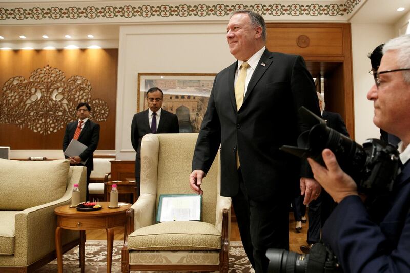 Mike Pompeo enters the room to meet with Indian Prime Minister Narendra Modi, at the Prime Minister's Residence.  Reuters