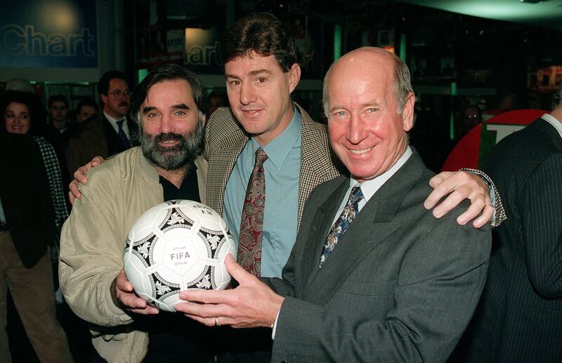 George Best, left, Brian Kidd, centre, and Bobby Charlton - part of the 1968 Manchester United European Cup winning team - are all reunited in Manchester in 1992. PA