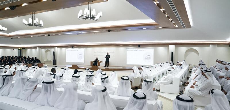 ABU DHABI, UNITED ARAB EMIRATES - May 29, 2019: Guests and dignitaries attend a lecture by Dr Pavan Sukhdev (on stage R), titled: "Redefining wealth for an economy of performance", at Majlis Mohamed bin Zayed. 

( Eissa Al Hammadi for the Ministry of Presidential Affairs )
---