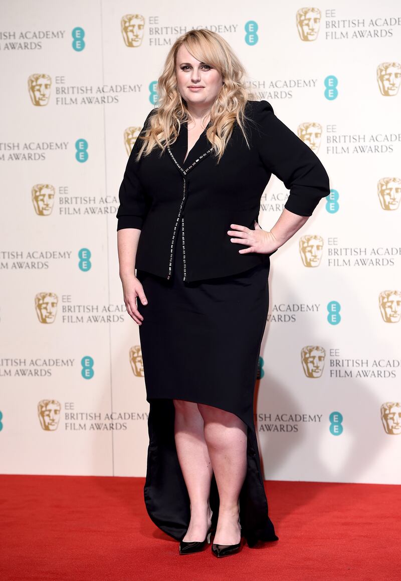 Rebel Wilson, in a black collared dress, at the EE British Academy Film Awards on February 14, 2016 in London. Getty Images