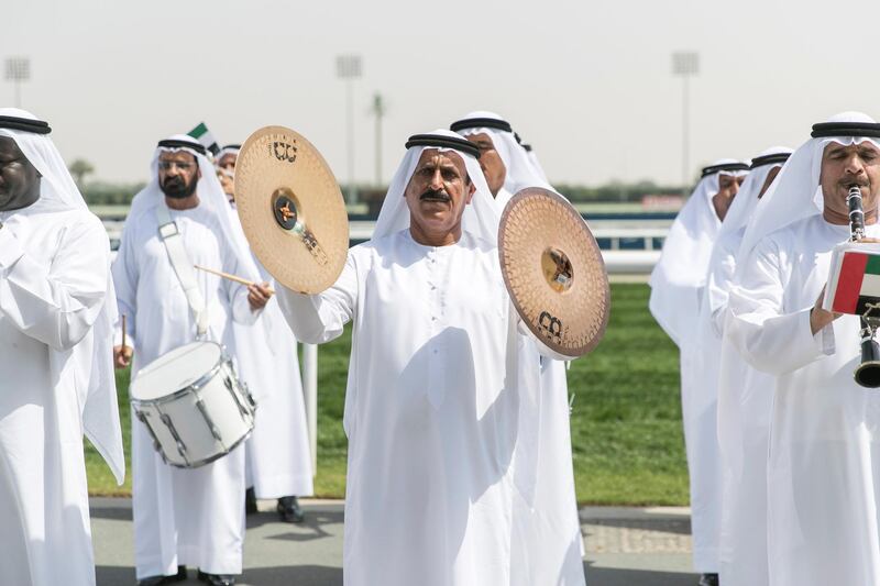 DUBAI, UNITED ARAB EMIRATES - MARCH 31, 2018. 

Sheikh Hamdan's Heritage troupe performs at Dubai World Cup 2018.

(Photo by Reem Mohammed/The National)

Reporter: 
Section: NA