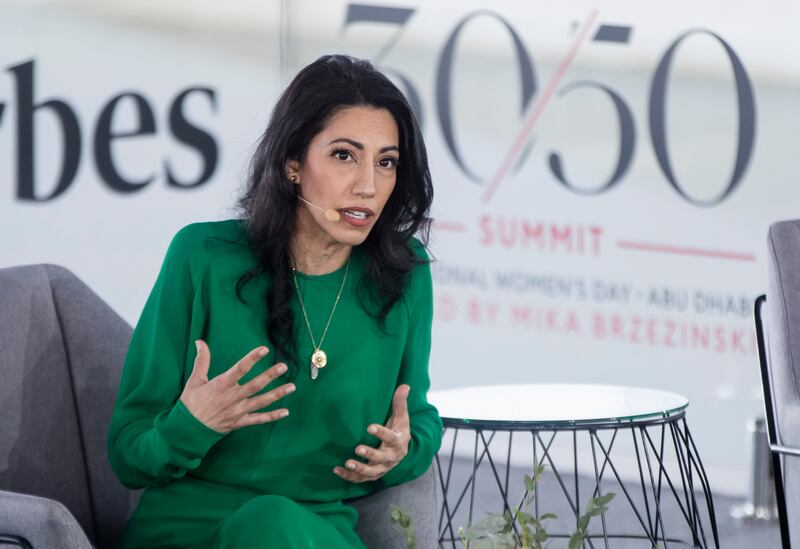 Huma Abedin, formerly Hillary Clinton’s chief of staff and author of ‘Both/And: A Life in Many Worlds’, speaking at the Forbes 30/50 Summit at the Louvre, Abu Dhabi. All photos: Ruel Pableo for The National