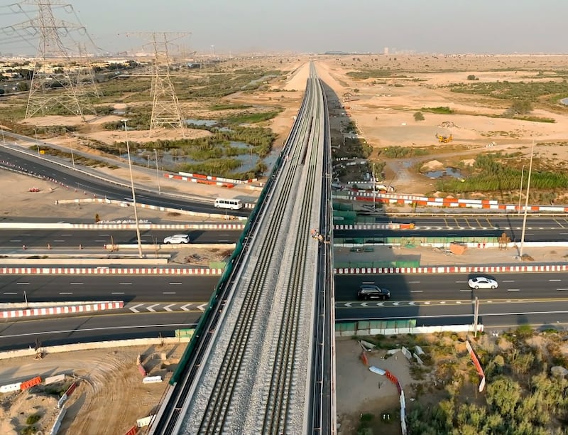 The Etihad Rail bridge on Dubai's Al Qudra Road. Freight services on the transport system were launched on February 23. Photo: Etihad Rail