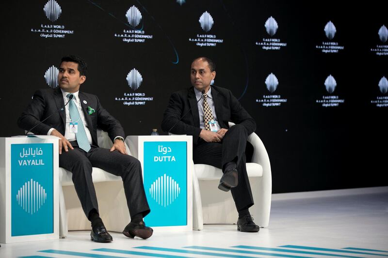 DUBAI, UNITED ARAB EMIRATES - Feb 11, 2018.

 Dr. Shamsheer Vayali, MD, VPS Healthcare; and Soumitra Dutta, Dean of the Cornell SC Johnson College of Business; at the "Personalized Healthcare & The Future of Medicine" session at World Government Summit 2018.

(Photo: Reem Mohammed/ The National)

Reporter: 
Section: NA