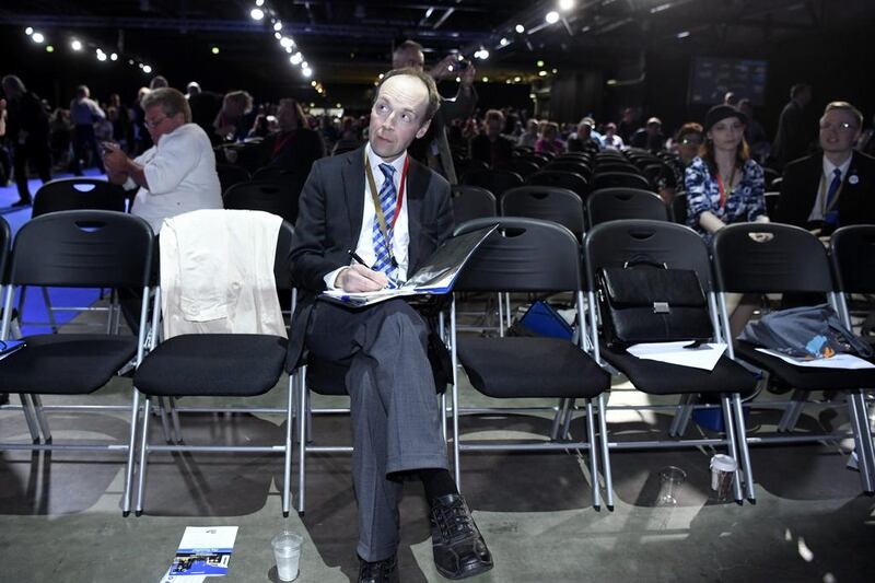 Finnish politician and a member of the European Parliament Jussi Halla-aho reacts after being elected a new chairman of the Finns Party at the congress in Jyvaskyl. Jussi Nukari via Reuters