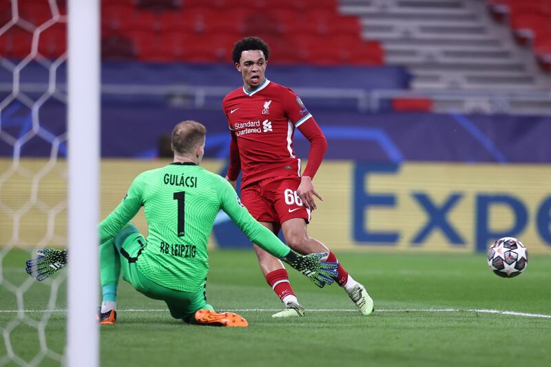 Liverpool's Trent Alexander-Arnold of Liverpool crosses the ball against Leipzig during the Uefa Champions League last-16 second-leg match in Budapest on March 11. Getty