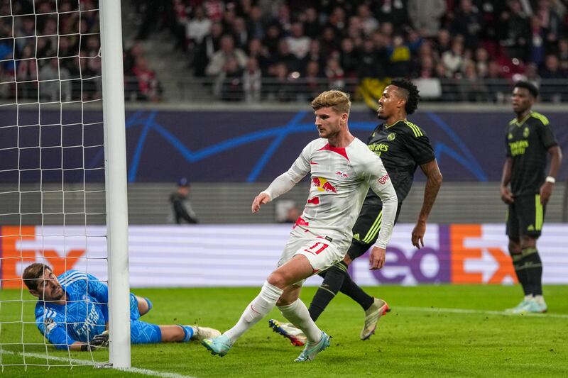 Timo Werner scores RB Leipzig's third goal against Real Madrid. AP