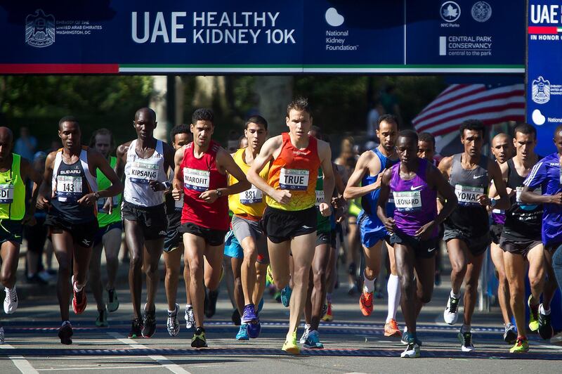 U.S. runner Ben True ( C) starts the UAE Healthy Kidney 10k marathon in Central Park in the Manhattan borough of New York May 30, 2015. True went on to win the marathon.   THE NATIONAL/Carlo Allegri *** Local Caption ***  _J6C7783.jpg