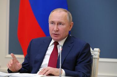 Russian President Vladimir Putin speaks at an online session of the Davos summit from the Kremlin. File photo / EPA