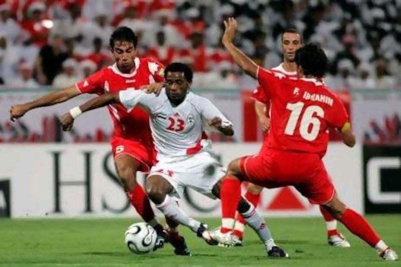 Salem Saad, centre, in action for the UAE national team in a qualifying match against Jordan for the 2007 Asian Cup, died of a heart attack while training with his club, Al Nasr, in 2009. Rabih Moghrabi / AFP