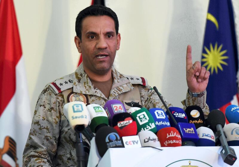 Saudi led coalition spokesman Turki Al-Malki gives a press conference at the King salman airbase in Riyadh on November 5, 2017.  / AFP PHOTO / FAYEZ NURELDINE