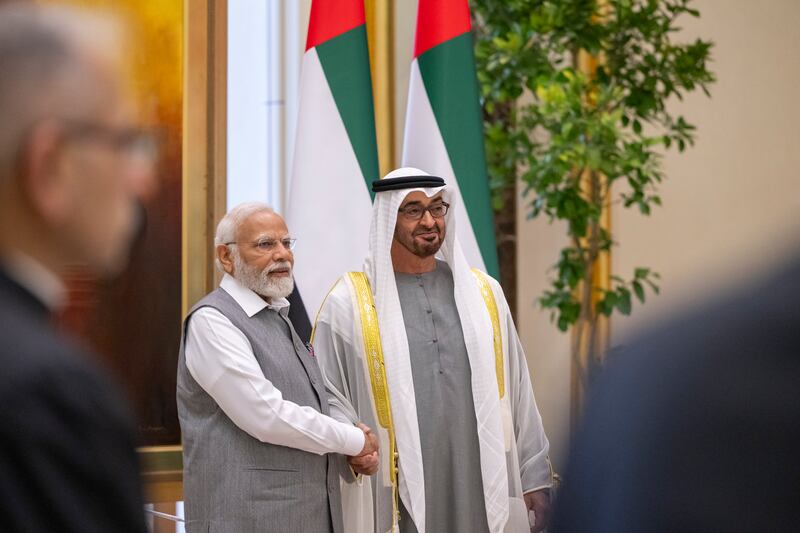 President Sheikh Mohamed and Narendra Modi, Prime Minister of India, before discussions at Qasr Al Watan. Mohamed Al Hammadi / UAE Presidential Court 