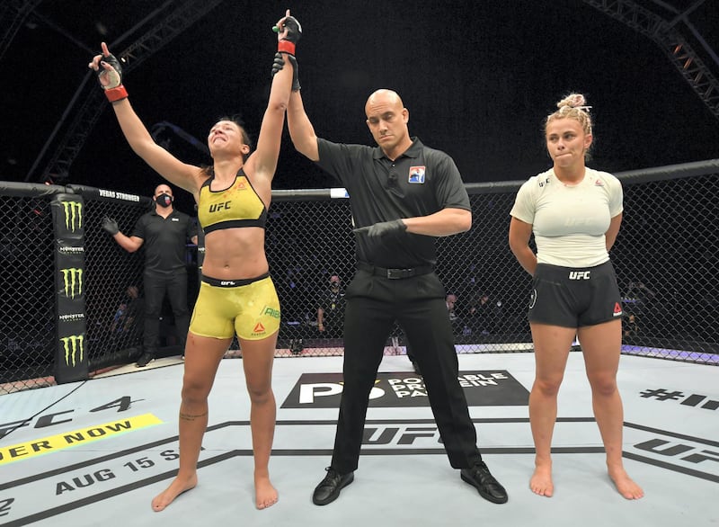 ABU DHABI, UNITED ARAB EMIRATES - JULY 12: Amanda Ribas of Brazil celebrates after her victory over Paige VanZant in their flyweight fight during the UFC 251 event at Flash Forum on UFC Fight Island on July 12, 2020 on Yas Island, Abu Dhabi, United Arab Emirates. (Photo by Jeff Bottari/Zuffa LLC)