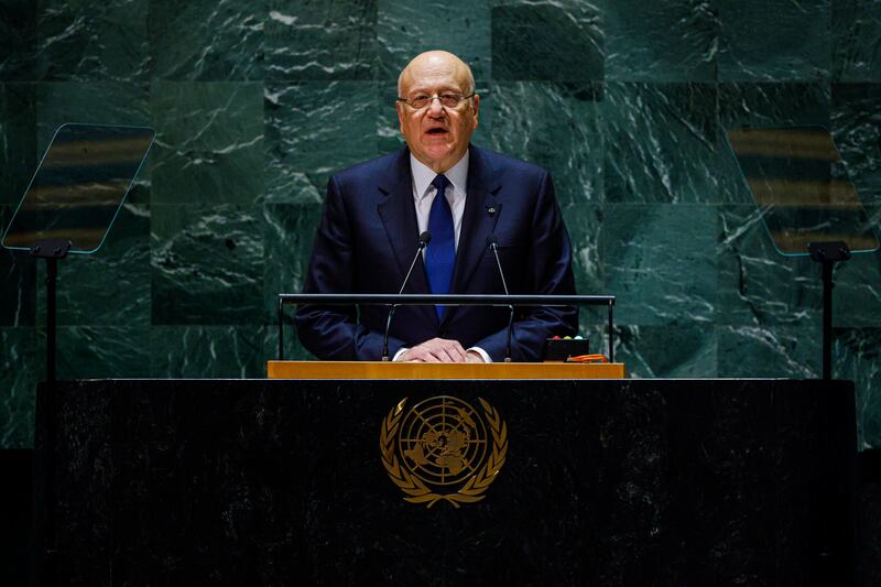 Lebanon's caretaker Prime Minister Najib Mikati addresses the 78th session of the UN General Assembly on Wednesday. EPA