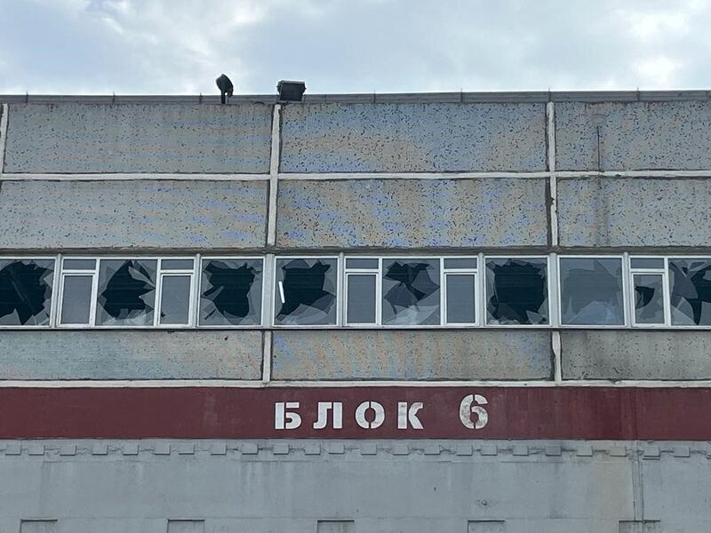 Broken windows at a building at the Russian-controlled Zaporizhzhia plant. Reuters