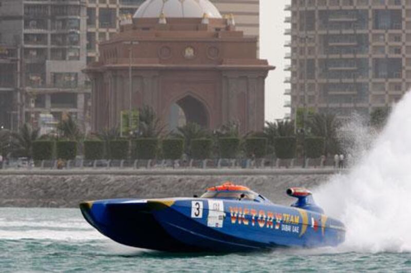 Victory 3, driven by Nadir bin Hendi and Arif Al Zafeen, dominate the field at the Class1 Powerboat Championship in Abu Dhabi.