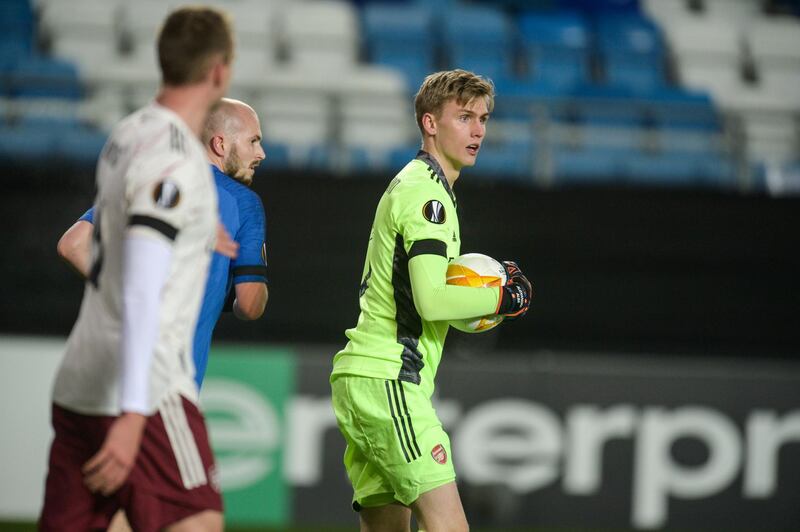 MOLDE, NORWAY - NOVEMBER 26: RÃºnar Alex RÃºnarsson of Arsenal during the UEFA Europa League Group B stage match between Molde FK and Arsenal FC at Molde Stadion on November 26, 2020 in Molde, Norway. (Photo by Erik Birkeland/MB Media/Getty Images)