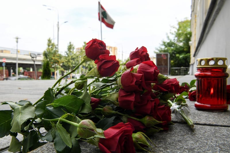 Flowers left outside the Lebanese embassy in Moscow.  AFP
