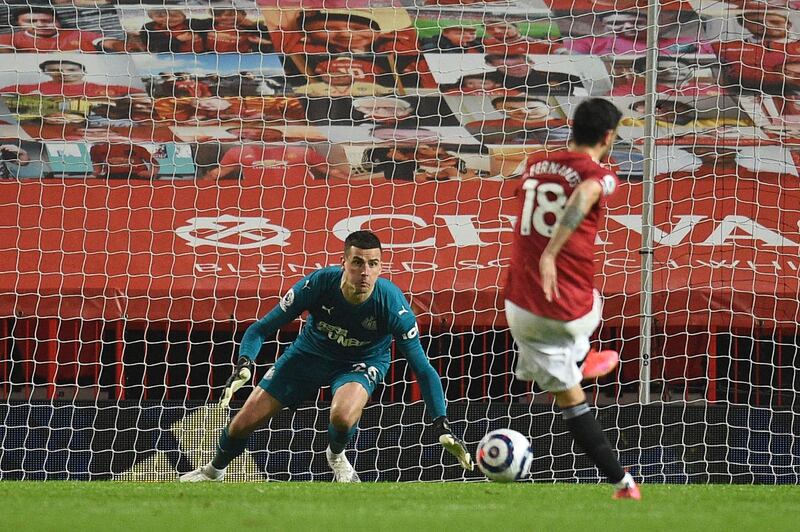 Bruno Fernandes scores the third from the penalty spot. AFP
