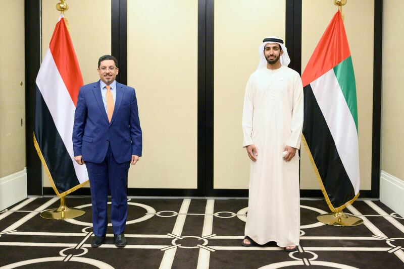 UAE Minister of State Sheikh Shakhbout bin Nahyan receives Yemeni Foreign Minister Ahmed Awad bin Mubarak on February 27, 2021. WAM
