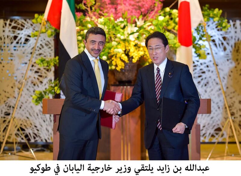 Sheikh Abdullah bin Zayed, Minister of Foreign Affairs and International Cooperation, with his Japanese counterpart, Fumio Kishida, in Tokyo on Monday. Wam