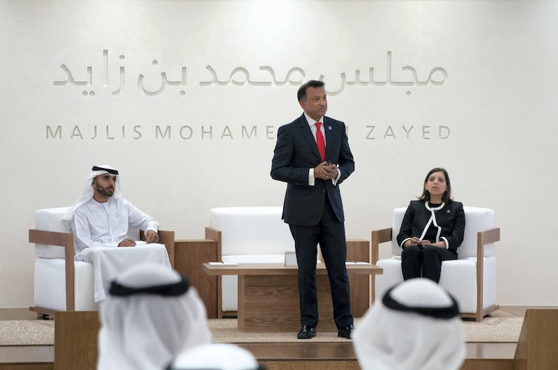 ABU DHABI, UNITED ARAB EMIRATES - May 22, 2019: Prof. Bobby Gaspar, Professor of Paediatrics and Immunology (C), delivers a lecture titled: '‘Changing the global face of children's medicine’, at Majlis Mohamed bin Zayed. Seen with Prof. Manju Kurian, UCL Professor of Neurogenetics (R).

( Eissa Al Hammadi for the Ministry of Presidential Affairs )