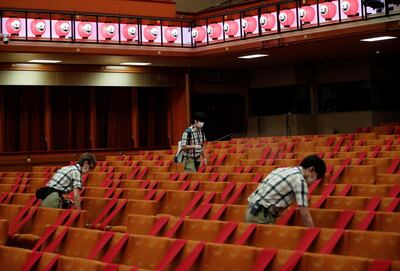 Workers wearing protective face masks disinfect seats at the Kabukiza Theatre, where Japan's stately traditional Kabuki theatre will resume on August 1 following a five-month closure due to the coronavirus disease (COVID-19) outbreak, in Tokyo, Japan July 31, 2020. Picture taken July 31, 2020. REUTERS/Issei Kato
