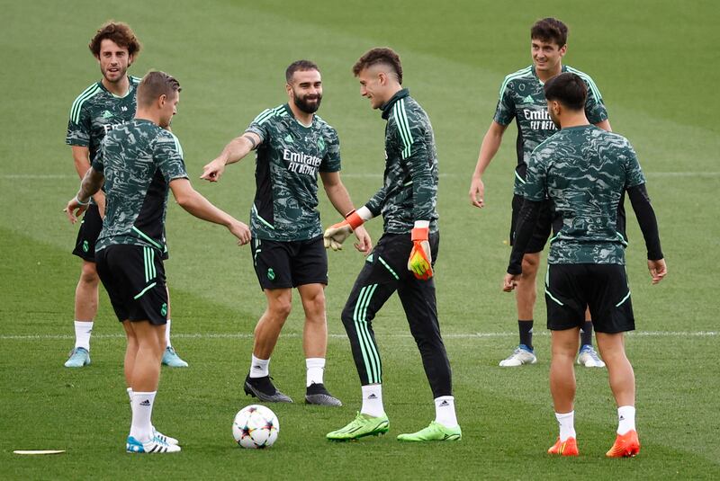 Real Madrid full-back Dani Carvajal training with teammates. Reuters
