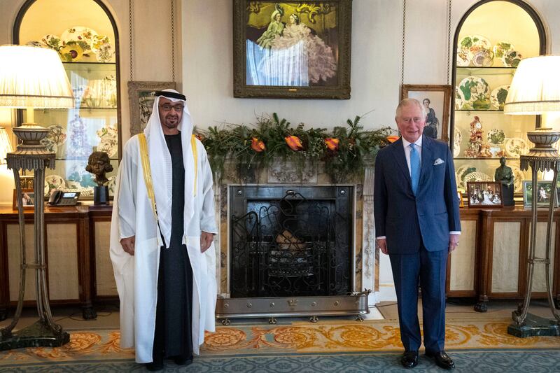 Sheikh Mohamed bin Zayed, Crown Prince of Abu Dhabi and Deputy Supreme Commander of the UAE Armed Force, with Prince Charles, the Prince of Wales, at Clarence House on December 10, 2020 in London. Getty Images